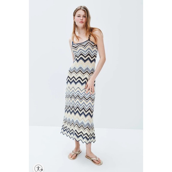 Maje Crochet Knit Maxi Dress Blue Chevron Sleeveless Boho Sz 40 FR / 8 US - Picture 1 of 11